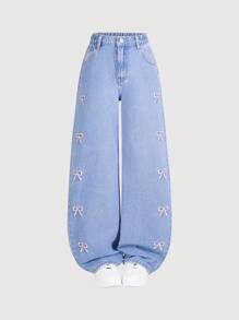 Tween Girl 休闲牛仔裤，时尚蝴蝶刺绣设计，百搭，直腿喇叭裤，不含上衣 - 中等水洗藍 - 查看 8