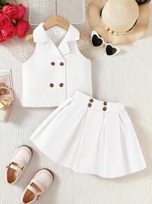 SHEIN 2 件套小女孩时尚领上衣 + 褶皱牛仔裙套装 - 白色 - 查看 8