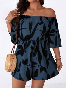 SHEIN LUNE 大码女式休闲印花露肩连体裤 - 藍色 - 查看 3