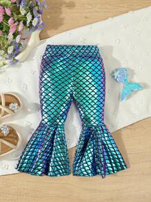 Infant Girls' Colorful Fish Scale Print Flare Leg Pants, Spring/Summer - Blue - View 2
