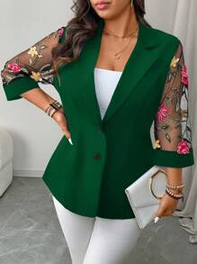 SHEIN Clasi 大码女式西装外套，热销透明提花网眼布拼布，腰部略微贴身，前开式纽扣开合，简约百搭时尚，常规肩部，3/4 袖，春夏。适合元旦、音乐节、情人节、感恩节、圣诞节、万圣节等节日