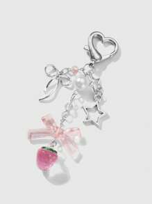 ROMWE Kawaii 1 件时尚精致简约空心星形蝴蝶结仿珍珠草莓树脂吊坠钥匙扣，适合女孩女士日常佩戴，理想礼物