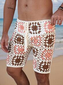 Manfinity RSRT Men's Vacation Casual Contrast Color Hollow Out Knit Shorts Crochet Beach Shorts Men Swim Trunks