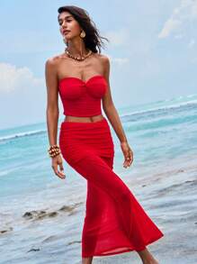 Opulessa 2pcs/Set Women Solid Ribbed Cropped Tank Top & Low-Waist Fishtail Skirt - Red - View 5