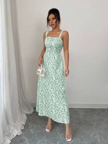 Elenzga Women's Fashionable Sleeveless Printed Long Dress, Summer - Green - View 5