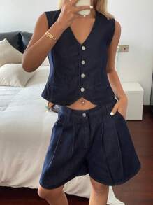 DAZY Women's Urban Style Denim Vest And Shorts 2 Pieces Set, Spring/Summer