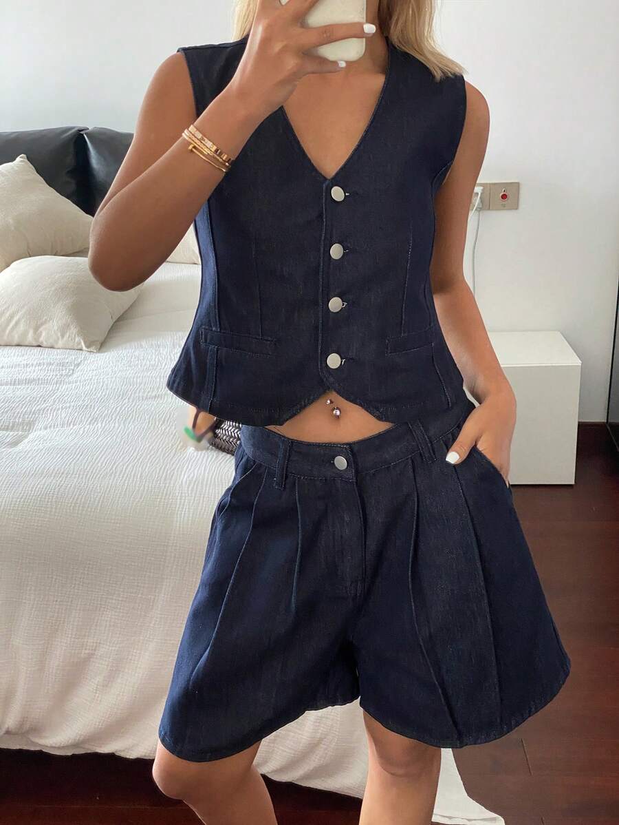 DAZY Women's Urban Style Denim Vest And Shorts 2 Pieces Set, Spring/Summer