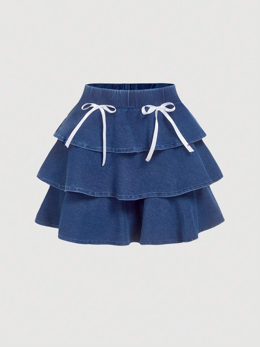 SHEIN MOD Women's White Ribbon Bow Blue Denim Cake Layered A-Line Skirt - Medium Wash - View 1