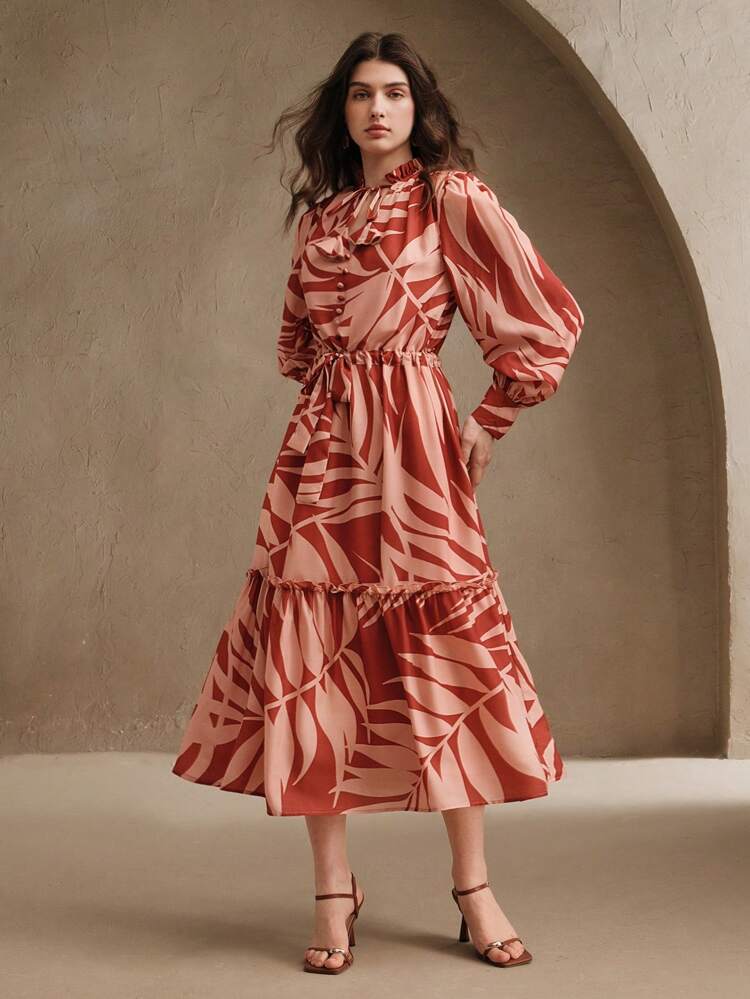 Red Print Cinched Cinched Waist Cuff V-Neck Lightweight Flowy Dress, Suitable For Spring/Festival/Vacation/Holiday