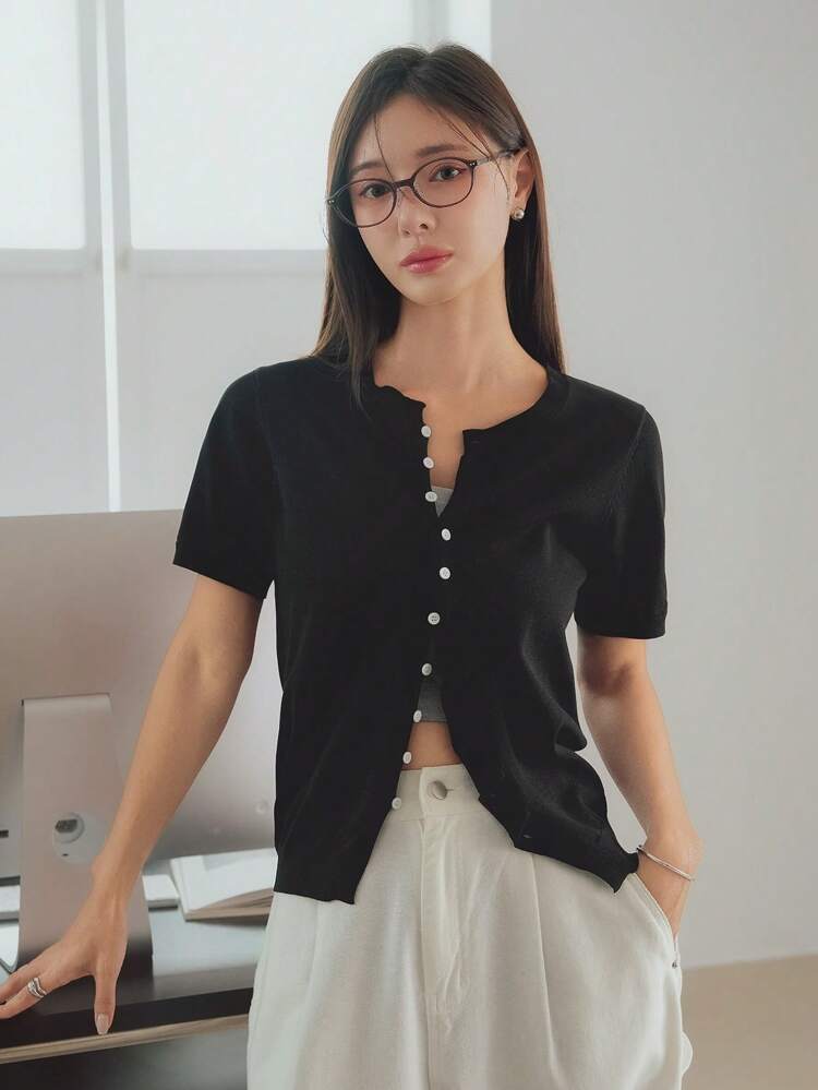 Women's Casual Business Design Pleated Asymmetric Open Split Short Sleeve Knit Cardigan Sweater Summer