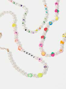 SHEIN ICON Conjunto de Colares Trançados Mistos de Pérolas Falsas com Frutas e Flores (Cor dos Contas Aleatoriamente Sortida)