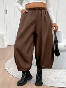 Elenzga Plus Size Casual Solid Color Elastic Waist Loose Harem Pants - Coffee Brown - View 3