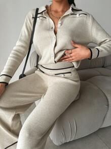 EURMUSE Contrast Trim Cardigan & Knit Pants - Beige - View 3