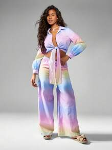 MISSGUIDED طقم قميص بياقة أمامية مربوطة ذو ألوان قوس باللون الباستيل الداكن وبنطلون ذو ساق واسعة، مجموعة ملابس مترابطة مناسبة للمناسبات والأعياد الصيفية والشاطئ ومناسبات الخروج - متعدد الألوان - مشاهدة 5