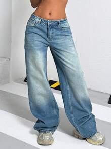EURMUSE 低腰洗水阔腿牛仔裤