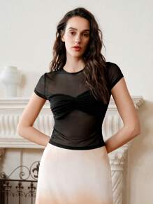 SHEIN LUNE Women Ruched Elastic Waist Knit Mesh Casual Elegant Short Sleeve Top - Black - View 6
