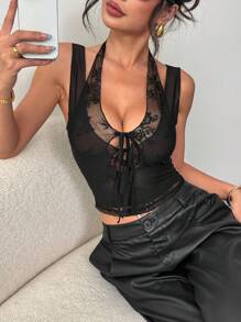 SHEIN Essnce Crop top estivo in stile Y2K in maglia nera semitrasparente con inserti in pizzo