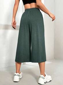 SHEIN EZwear Quần dài thường ngày dệt kim màu xanh lá cây đậm dành cho nữ - Màu xanh lá cây đậm - Xem 2