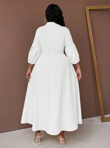 Maweii 加大码纯色衬衫领前纽扣中长袖褶皱休闲中长连衣裙长款女装