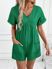 SHEIN Clasi Bộ đồ liền thân tay ngắn dệt jacquard cổ chữ V màu xanh lá cây cho nữ - Trang phục thanh lịch hàng ngày, Xuân/Hè - màu xanh lá - Xem 5