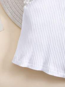 Baby Girl Casual Simple Versatile White Hollow Embroidery Patchwork Ribbed Knit Blouse Top, Spring/Summer - White - View 4