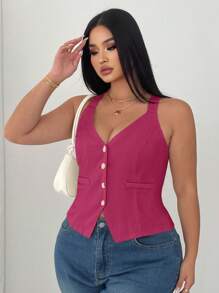 Elenzga Top de tirantes de talla grande para mujer con cintura ceñida y unicolor - Rosa Fucsia - Ver 3