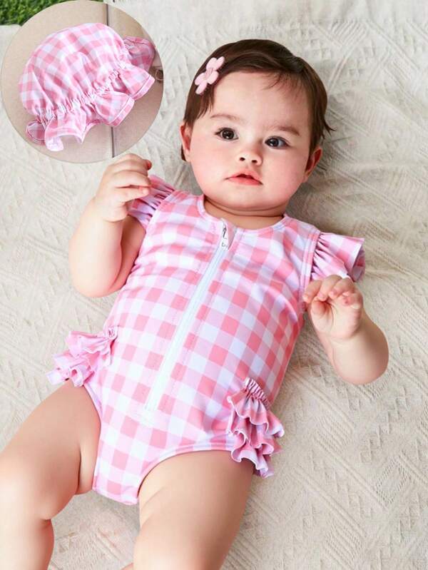 Newborn Baby Pink Plaid Random Print Swimsuit & Swim Cap Set