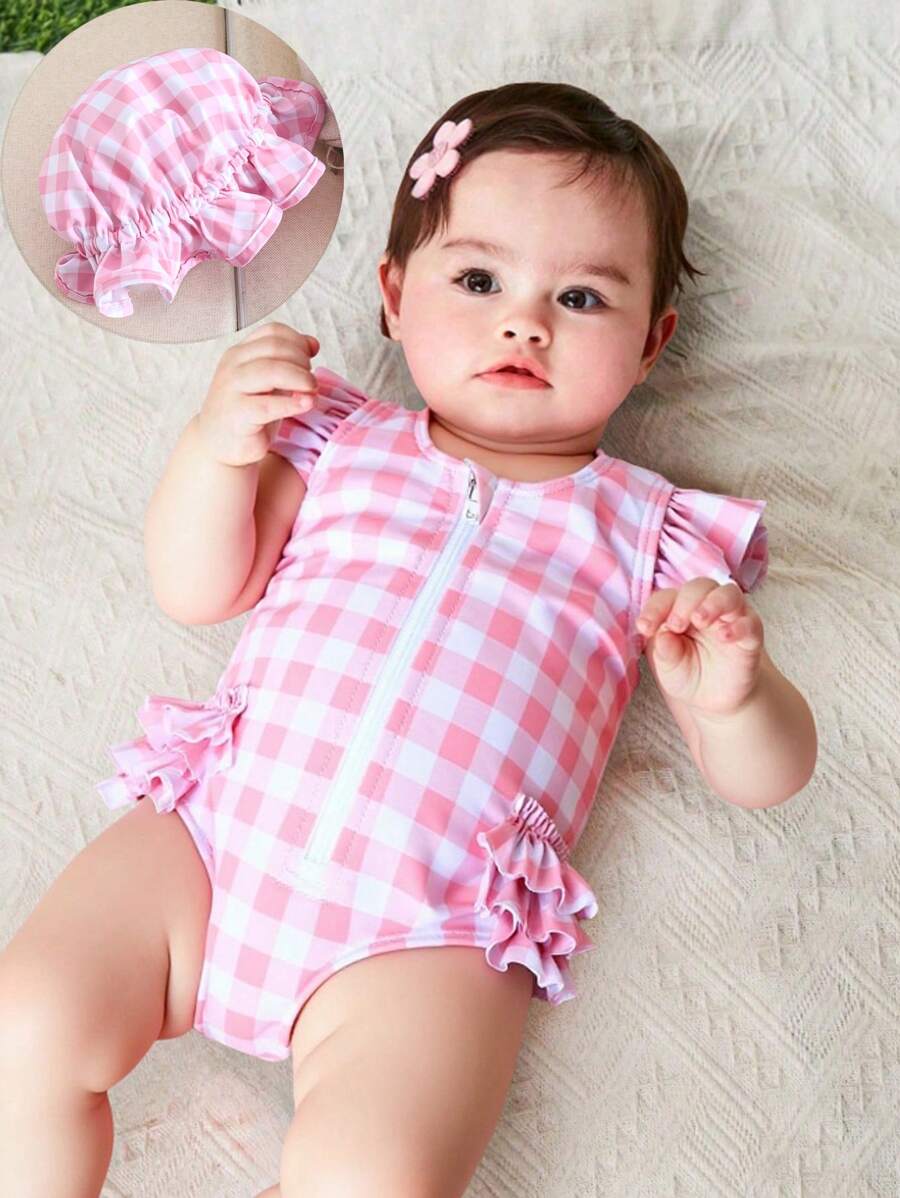Newborn Baby Pink Plaid Random Print Swimsuit & Swim Cap Set - Baby Pink - View 1