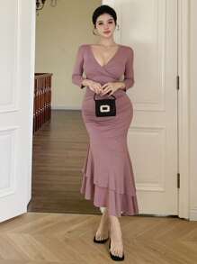 DAZY Women's Elegant Solid Color Fishtail Midi Dress - Pink - View 5