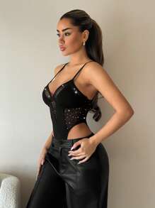 SHEIN ICON Rhinestone Mesh Splice Cup Detail High Waist Hollow Out Bodysuit - Black - View 4