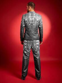 男士时尚绅士印花单排扣西装外套和裤子套装 - 黑色 - 查看 2