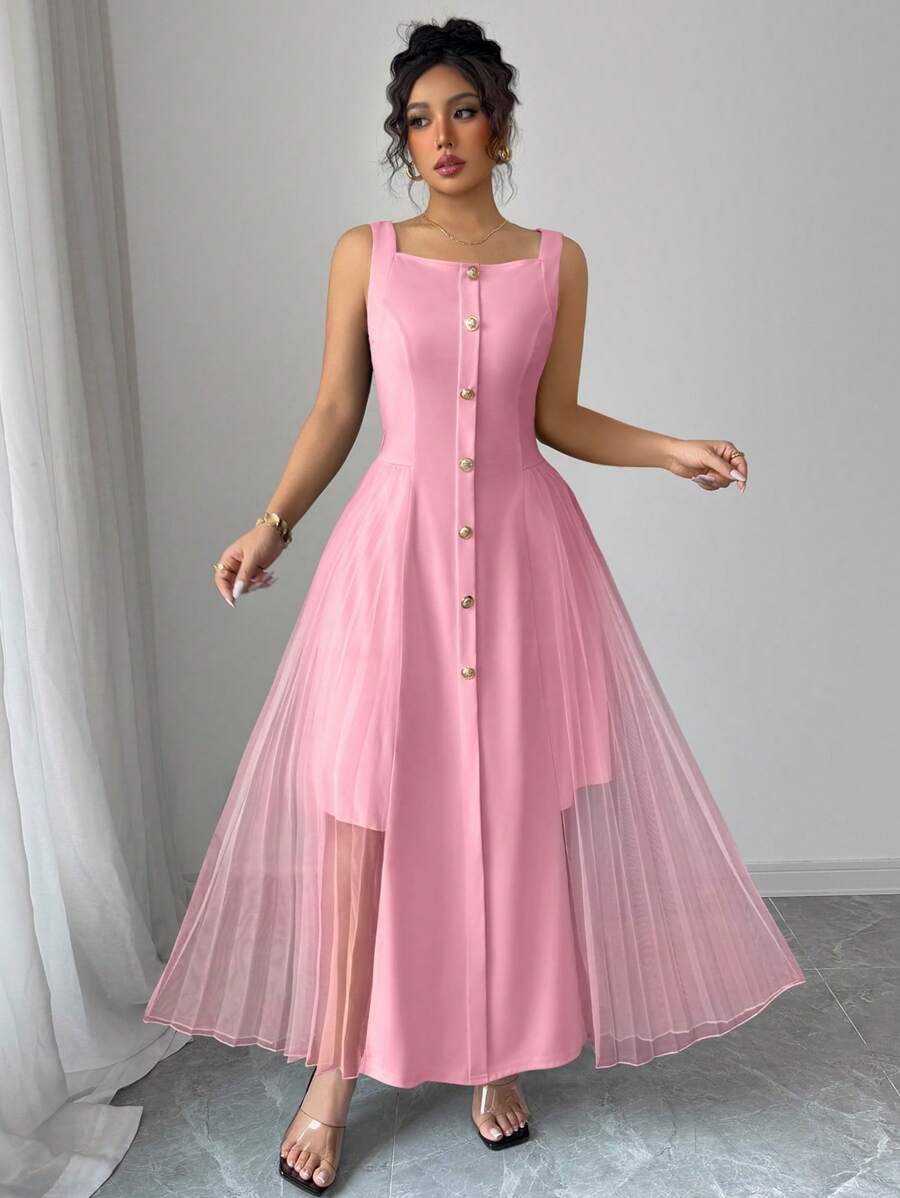 Elenzga Women's Solid Color Sleeveless Dress, Simple Elegant Spaghetti Strap Square Neck, Suitable For Summer - Pink - View 1