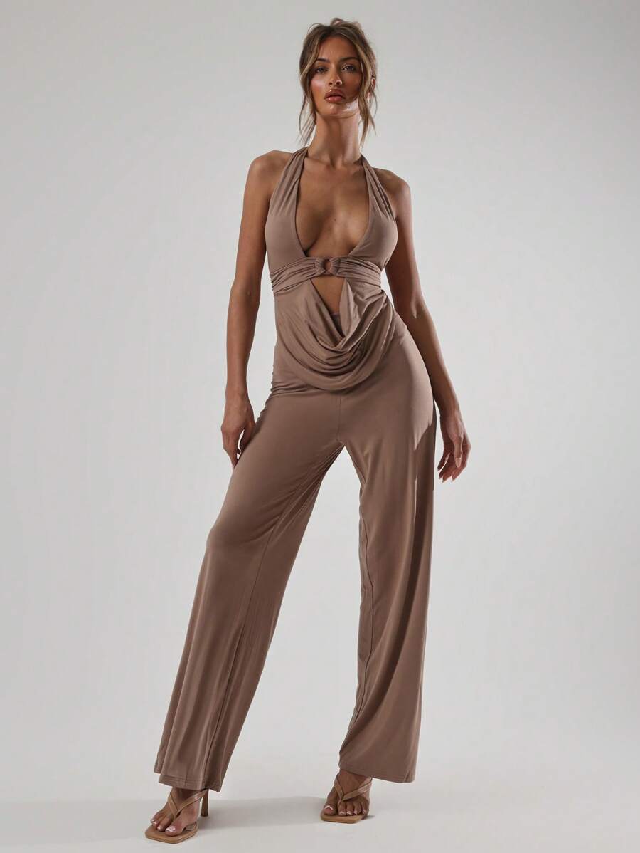 MUSERA 露背深V阔腿连体裤，波西米亚风优雅夏季度假风 - 摩卡棕 - 查看 1