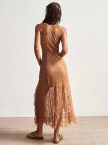 Bohemela 夏季度假休闲海滩纯色针织蕾丝荷叶边开衩中长连衣裙 - 橘色 - 查看 6