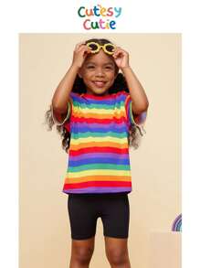Set de 2 piezas CutesyCutie: Camiseta holgada de cuello redondo con rayas de arcoíris de punto y pantalones cortos de punto, para niñas jóvenes, conjunto de 2 piezas de accesorios para niñas jóvenes, conjunto de 2 piezas de parte superior para niñas jóvenes, conjuntos de ropa para niñas jóvenes de manga corta, ropa de primavera y verano