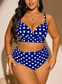 Swim Mod Plus Size Women Dot Print Supportive Spaghetti Strap Tankini Swimsuit Set For Summer Beach Vacation