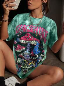 SHEIN Unity Summer Short Sleeve Tie Dye T-Shirt With Skull, Butterfly, Mushroom And Letter Print Graphic Tees Women Tops - Multicolor - View 1