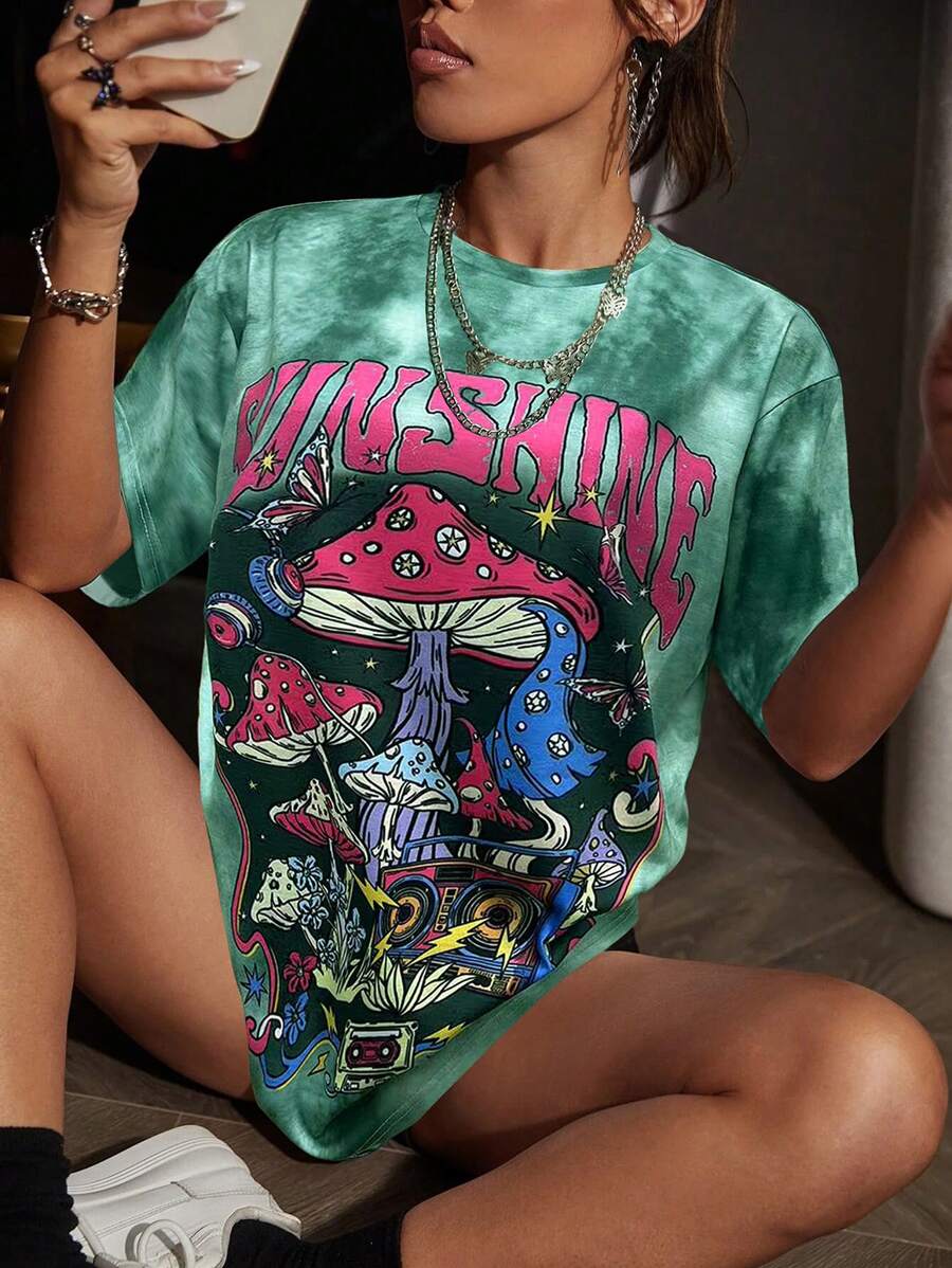 SHEIN Unity Summer Short Sleeve Tie Dye T-Shirt With Skull, Butterfly, Mushroom And Letter Print Graphic Tees Women Tops - Multicolor - View 1