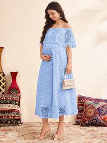 Vestido de maternidad elegante de unicolor con hombros descubiertos y encaje, para verano - Azul - Ver 7
