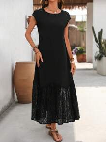 EMERY ROSE Vestido casual de retalhos de renda de cor sólida para férias - Preto - Ver 4