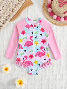 Baby Girls' One-Piece Swimsuit With Directional Print & Flowy Edges - Multicolor - View 1