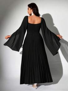 Viva Relle 大码女式优雅浪漫派对褶皱雪纺长袖连衣裙 - 黑色 - 查看 2