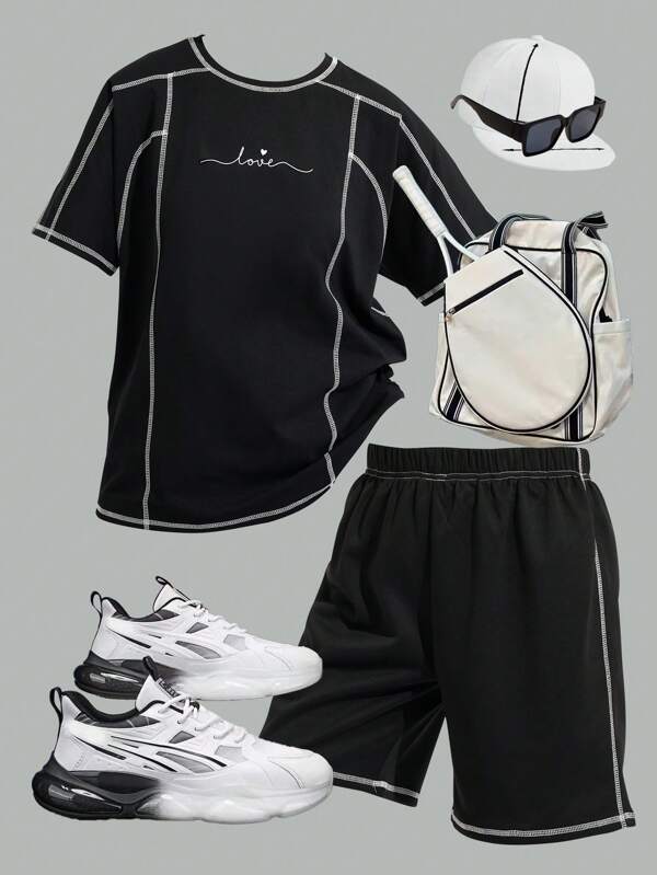 SHEIN Set de 2 piezas con camiseta de manga corta de ajuste holgado con cuello redondo y pantalones cortos a juego, con estampado de letras y rayas de color contrastante, versátil y cómodo, adecuado para adolescentes, para ir al colegio, tiempo libre, viajes, deportes, primavera/verano
