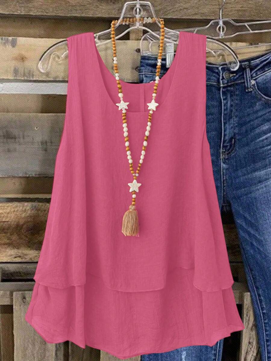 SHEIN LUNE Plus Size Women's Sweet Vintage Ruffled Hem Camisole For Beach Vacation, Spring/Summer - Pink - View 1