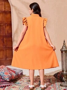 Girls Oversize Asymmetrical Splicing Ruffle Hem Cap Sleeve Loose Dress With Collar - Orange - View 2