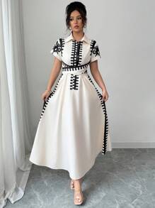 Elenzga Shirt Collar Single Placket Design Waist Twist Tie Dress