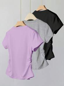 SHEIN Explorewe 3 件套少女休闲简约纯色套装：短袖 T 恤和松紧腰带 - 彩色 - 查看 2