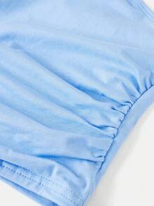 SHEIN 青少年女孩优雅纯色合身甜美蝴蝶结系肩侧褶饰吊带背心 - 淺藍色 - 查看 3