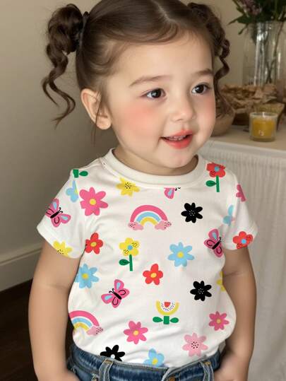 SHEIN Top de manga corta y cuello redondo casualy minimalista para niña, estampado con flores, mariposas y arcoíris, adecuado para el verano