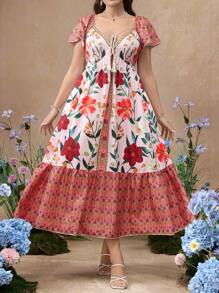 Flirla Simple Casual Vintage Positioning Print Cinched Waist Loose Fit Cap Sleeve A-Line Dress, Bohemian Dress For Beach Vacation